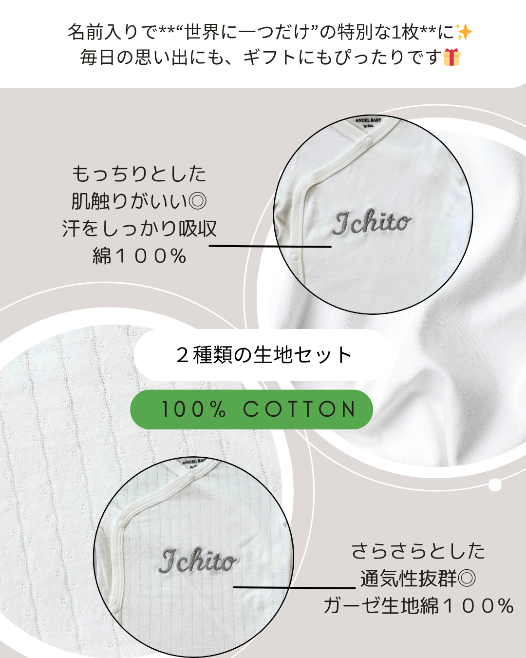 名前入りコットン100% 3点セット (通気タイプ×吸収タイプ+スタイ)